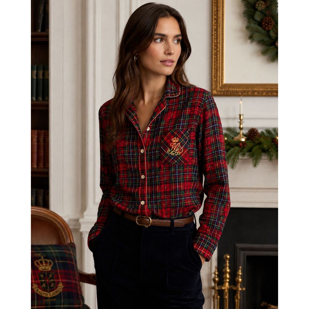 Lauren Ralph Lauren Black Label Women’s M Red Tartan Plaid Shirt Crown Logo